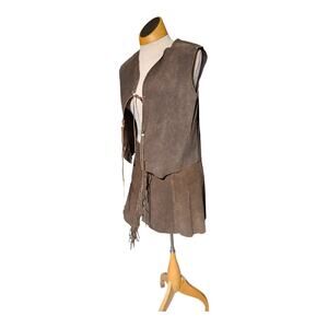 Vtg 1970s Brown Suede Fringe Beaded Vest & Fringe Mini Wrap Skirt 2 Pc Set Sz S